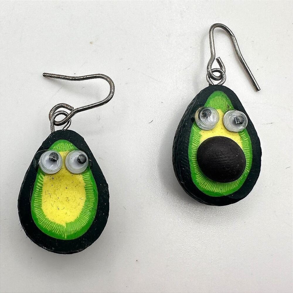 Vintage 90s Avocado Googly Eye Dangle Earrings Green Polymer Clay Fun Fashion